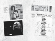 Page spread from "We Had Fun and Nobody Died" showing pages  152 and 153 with a few b&w photos of Patti Smith ephemera.
