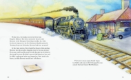 Page spread from "Brownie the War Dog" showing an illustration of a passenger train passing a small station and a few paragraphs of text. 