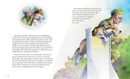 Page spread from "Brownie the War Dog" showing a small illustration of a Brownie with a veterinarian and a larger illustration of Brownie jumping a hurdle. 