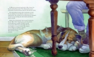 Page spread from "Brownie the War Dog" showing a two-page illustration of Brownie sleeping under a table and a few paragraphs of text.