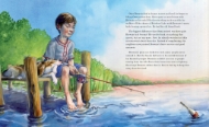 Page spread from "Brownie the War Dog" showing a two-page illustration of Brownie and a boy on a wooden pier. Brownie sleeps, and the boy is fishing.
