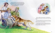 Page spread from "Brownie the War Dog" with an illustration of Brownie visiting residents and a nurse at a veterans home.