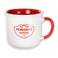 A red and white mug that says "PENDARVIS HOUSE"