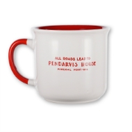 A red and white mug that says "ALL ROADS LEAD TO PENDARVIS HOUSE"