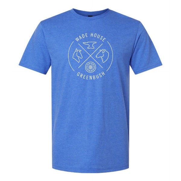 Royal blue tee shirt featuring graphic design for Wade House historic site. Design has line drawings of horse head, sheep head, anvil and wagon wheel.