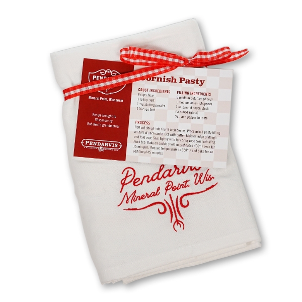 Recipe card for Cornish pasty and White tea towel with red embroidered design that says "Pendarvis, Mineral Point, Wis. 