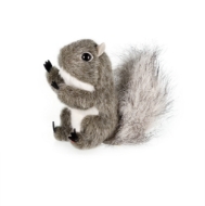 A picture of the left side of the gray mini squirrel finger puppet.