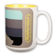 Souvenir Madeline Island Museum mug with landscape design illustration and museum's logo.