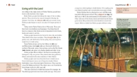 Page spread sample from the book "Timber!" with paragraphs of text on left and illustration of two Ojibwe canoe builders on right.