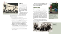 Page spread sample from the book "Timber!" with paragraphs of text, an illustration of Paul Bunyan with his ox, a photo of statue of Paul Bunyan, and black and white photo of workers washing clothes. 