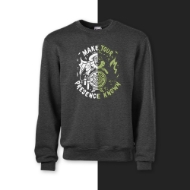 Dark gray sweatshirt with glow-in-the-dark "Halloween" design featuring a witch, candles, flames, a skull, and the words "Make Your Presence Known."