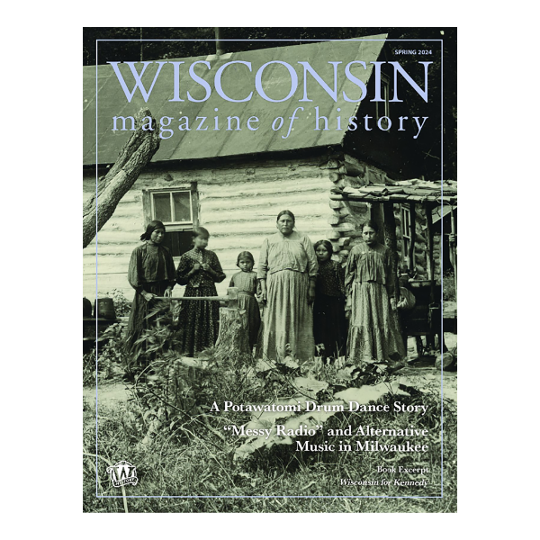 Cover of Spring 2024 Issue of Wisconsin Magazine of History with black and white photo of a Potawatomi family outside their home.