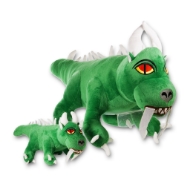 Two green, stuffed animal hodag toys with white horns and fangs, one small, one large.