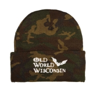 Camo knit cap that says Old World Wisconsin in white embroidery.