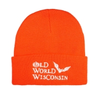 Blaze orange knit cap that says Old World Wisconsin in white embroidery.