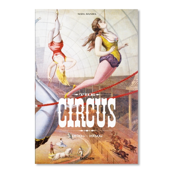 Front cover of "The Circus" book with vintage color illustration of trapeze performers. Title in bold white.