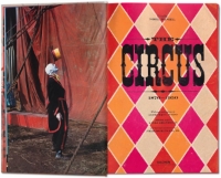 Title pages of "The Circus" book with color photo of clown on the left and title page on the right with title in black font over multicolor diamond pattern.