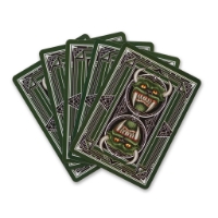 Five hodag playing cards displayed in fan shape. Green and black illustrations of hodag beast the cards. 