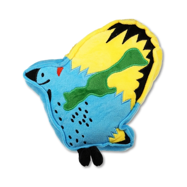 The Madeline Island home decor plush souvenir, blue, yellow, green, and black, in the rough shape of a bird.