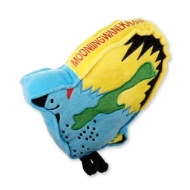 The Madeline Island home decor plush souvenir, view from above, showing the embroidered Anishinabe word "Mooniingwanekaaning" on the top side.