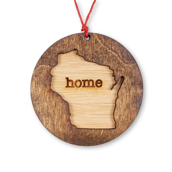 The round, wooden Wisconsin "HOME" ornament with red twine. 