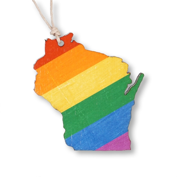 Wisconsin shaped ornament with striped Pride flag design.