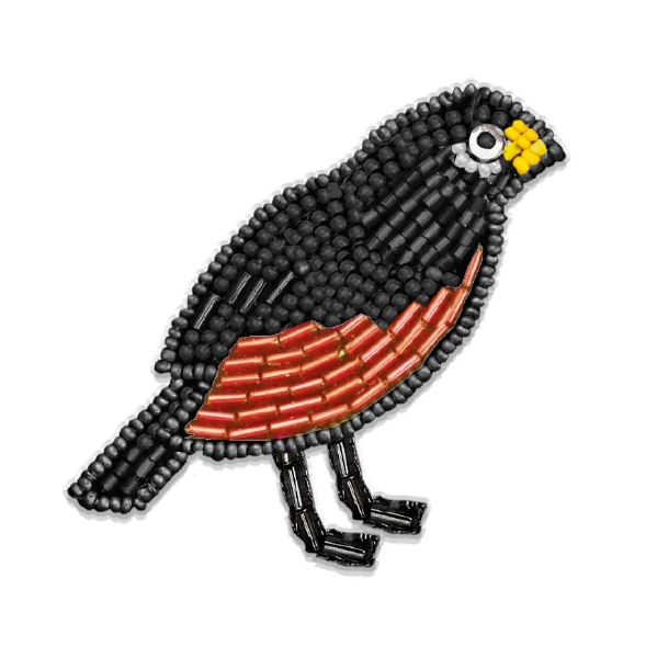 A lapel pin in the form of an American robin made with colored beads.