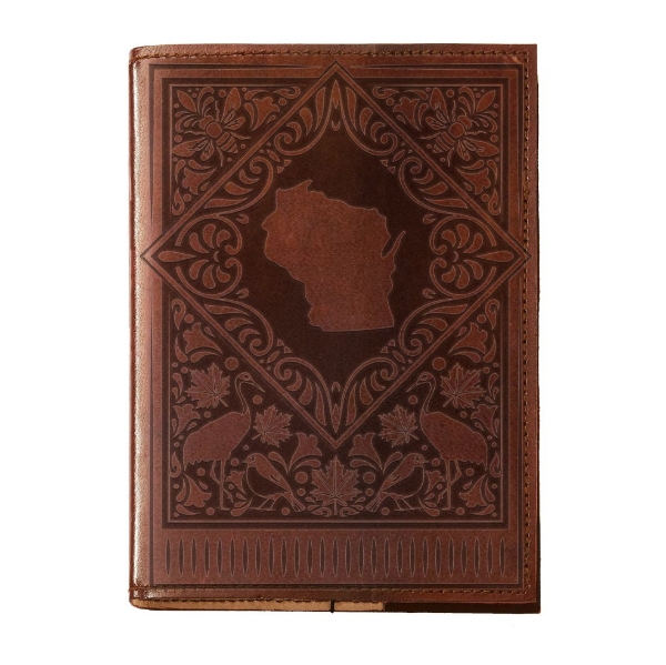 Journal with brown leather cover embossed with the shape of Wisconsin surrounded by birds and leaves.