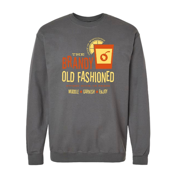 Medium gray Brandy Old Fashioned sweatshirt with yellow and orange screen print on the front.