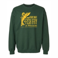 Dark green sweatshirt with Friday night fish fry screen print design in gold.