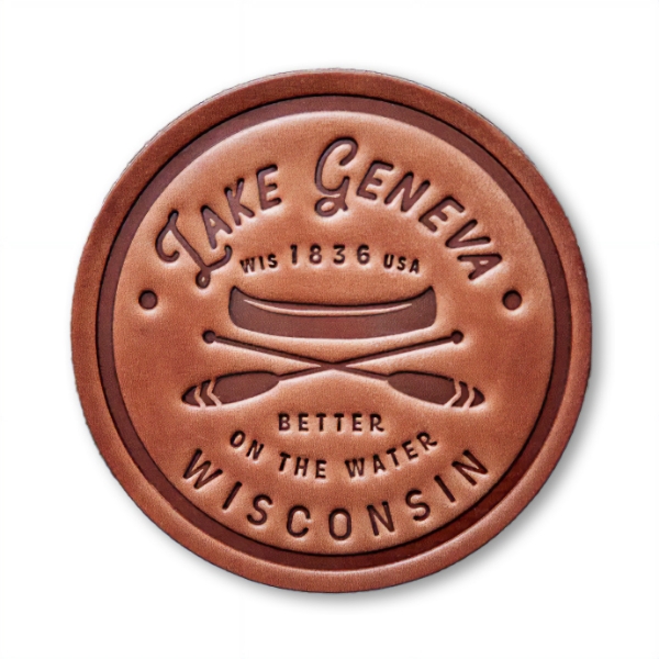 The front of the Lake Geneva Leather Coaster on a blank white background