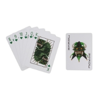 Several hodag playing cards displayed in fan shape and showing illustrations of green hodag monsters on the king of hearts and joker cards.