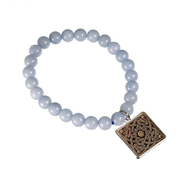 Natural stone bead bracelet with light bluish gray spherical stones and square charm attached.