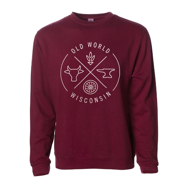 The Old World Wisconsin maroon crewneck sweatshirt on a blank white background