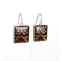 Two square dangle earrings with Victorian era lotus flower design.