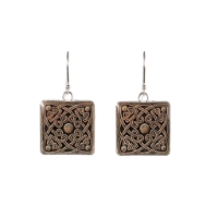 Two square dangle earrings with Celtic knot design.