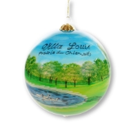 One side of the  Villa Louis glass ornament on a blank white background