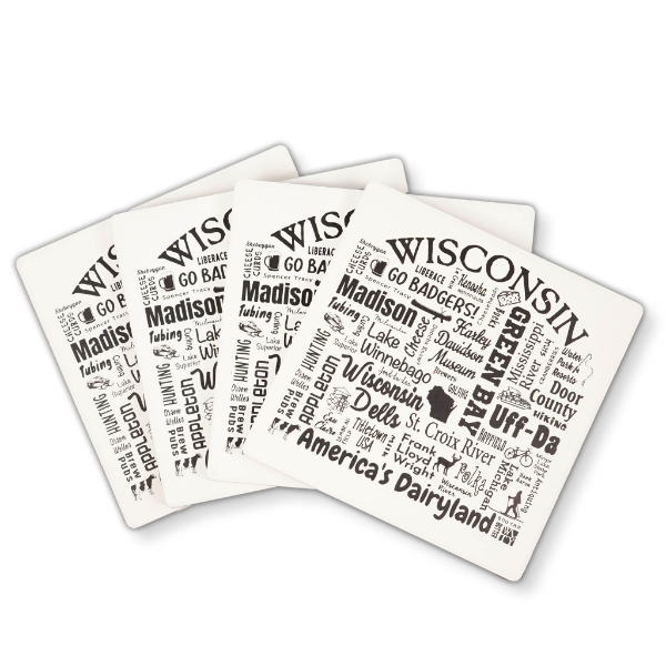 Four white square beverage coasters with Wisconsin place names in black font. 