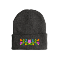 Grey beanie cap with floral embroidery.