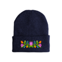 Navy blue beanie cap with floral embroidery.