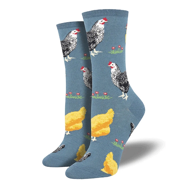 Grey-blue "Bock Bock" sock with yellow and black chicken pattern. 