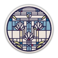 Round trivet with blue and white "Waterlilies" design by Frank Lloyd Wright.