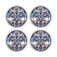 Four round beverage coasters with blue and white "Waterlilies" design by Frank Lloyd Wright.