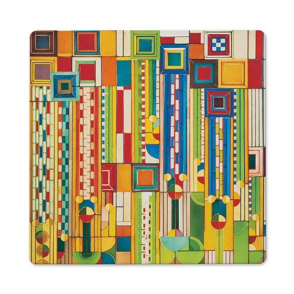 Square trivet with multicolor "Saguaro Forms" design by Frank Lloyd Wright.