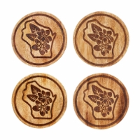 Four round wooden coasters with the shape of the state of Wisconsin engraved in dark brown.