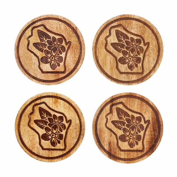 Four round wooden coasters with the shape of the state of Wisconsin engraved in dark brown.