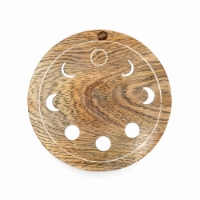 The brown wooden Moon Phase Round Jewelry Box shown from the top view to showcase the eight different moon phases.