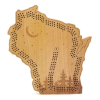 	Wisconsin cribbage board made of wood and cut out in the shape of the state with engraved pine trees, crescent moon, and stars across board.