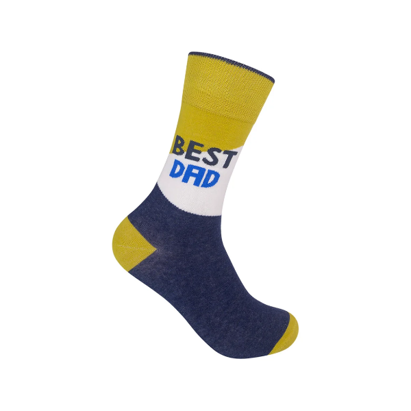 The blue, yellow and white Best Dad Ever Socks on a blank white background.