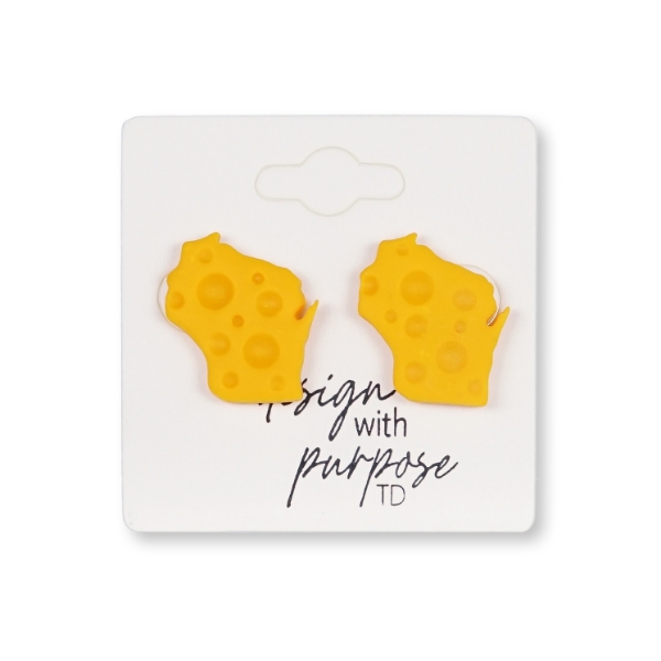 Two yellow earrings in the shape of the state of Wisconsin.